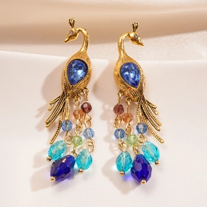Vintage gold peacock tassel earrings with blue gemstone and colorful crystal beads
