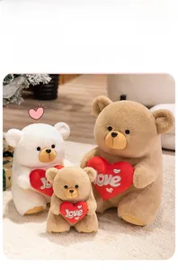 Detailed view of plush teddy bears in brown and white colors holding red love hearts
