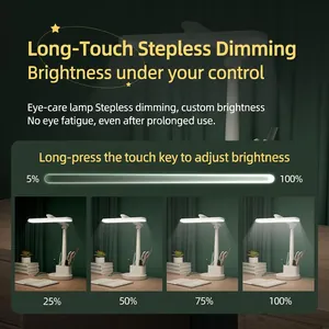 White LED desk lamp with foldable design, pen holder base and stepless dimming range