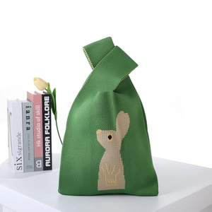 Cute green knitted tote bag with bunny pattern, casual crossbody shoulder bag for women