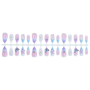 3D press-on nails with pink-purple gradient, floral relief, butterfly and crystal rhinestones