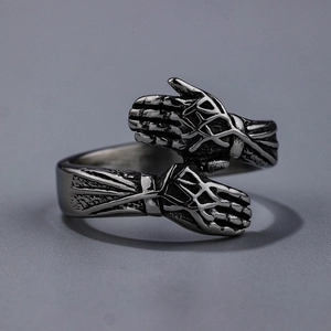 Vintage oxidized silver hugging hands wrap ring for men with minimalist cool punk design