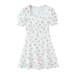 Floral Print Mini Kleid Baumwolle Eckiger Ausschnitt Puffärmel Französischer Vintage Sommer Casual Kurzarm Damen