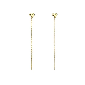 Elegant gold S925 silver heart threader earrings with long tassel chains on white background