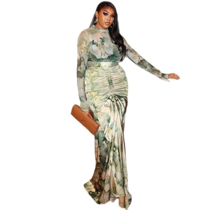 Slim fit high neck long sleeve maxi dress set featuring green marble print and ruching