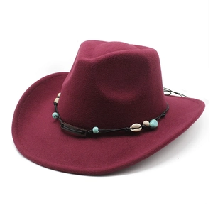 Classic wine red felt western cowboy hat with ethnic bead and shell trim decoration
