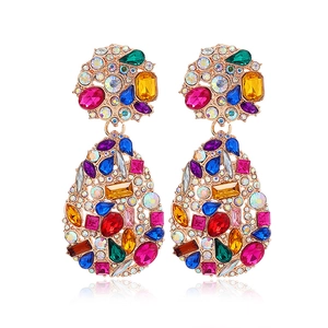 Chic gold-toned statement earrings with vibrant multicolored rhinestones and teardrop charms
