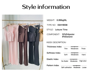Detail chart of casual knit tank top and leggings set with fabric specs and size info