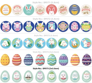 Close-up of Easter Happy Easter stickers showing colorful bunnies and decorated eggs