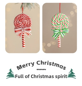 Close-up of red and green swirl lollipop ornaments with festive bows for Christmas trees