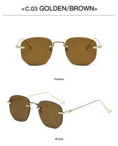 Detail view of rimless geometric sunglasses with gold metal frame and brown lenses