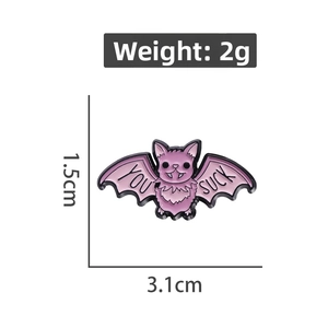Detailed size chart of purple bat enamel pin with You Suck text measuring 3.1cm by 1.5cm