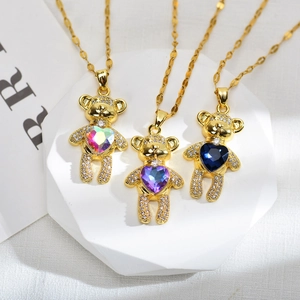 Cute Teddy Bear Pendant Necklace Copper Micro Pave Zircon Heart Colorful Crystal Fashion Jewelry For Women