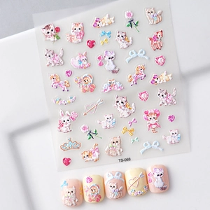 Detail view of 5D embossed nail stickers with 3D cute cartoon cat and rabbit patterns