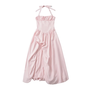 Pink satin halter neck dress with high waist and pleated flared skirt for women