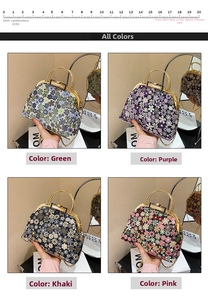 Detailed collage of floral shell crossbody bags in green, purple, khaki and pink colors