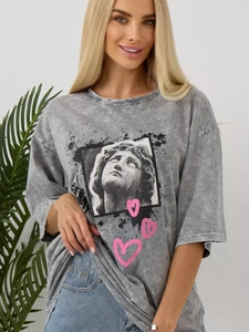 Graues Baumwoll-T-Shirt im Acid-Wash-Look mit Vintage-Statue und Graffiti-Print
