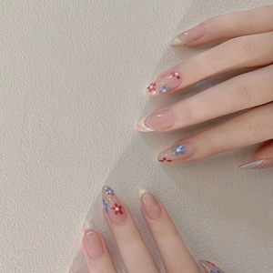 Almond Press On Nails Floral Pattern French Style Pink Nude Glossy Artificial Nail Tips For Women Wearable Plastic