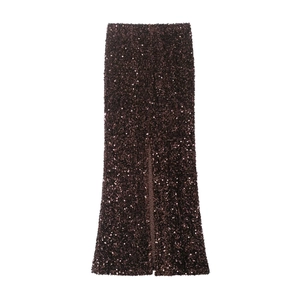 Sparkling burgundy sequined fishtail maxi skirt with a stylish side slit on white background
