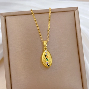 Golden titanium steel necklace with an oval pendant featuring multi-colored crystals