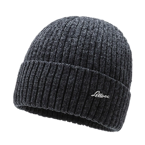 Men's winter knit beanie in charcoal grey chenille fabric with folded cuff and logo