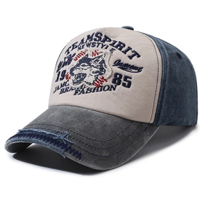 Vintage washed baseball cap with wolf embroidery and worn detail on white background