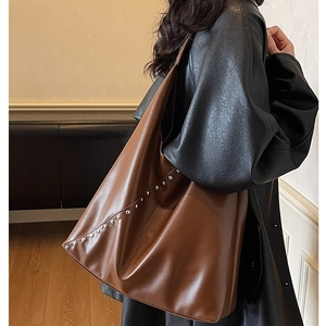 Retro dark brown large capacity faux leather tote bag with silver studs on shoulder