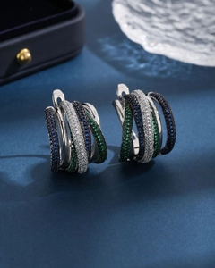 Elegant multi-layer interlaced stud earrings with blue green and white crystals