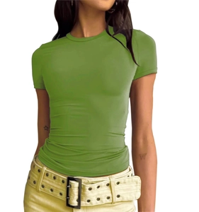 Slim fit grass green short sleeve crew neck T-shirt for women in casual knit style