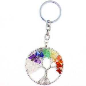 Detail of handmade Tree of Life keychain with colorful natural chakra crystal stones