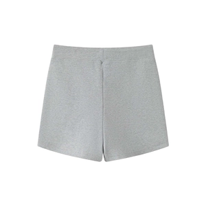 Detailed view of grey ribbed knit texture on high-waist yoga shorts for women