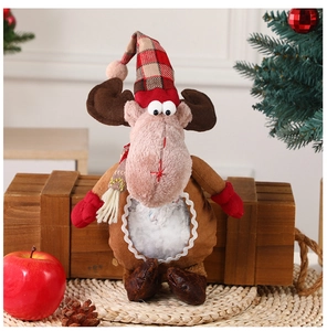 Christmas reindeer plush apple bag with red scarf and pine cone holiday decor