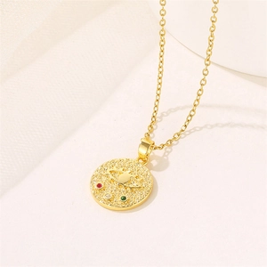 Gold coin pendant necklace with embossed evil eye design and colorful zircon stones