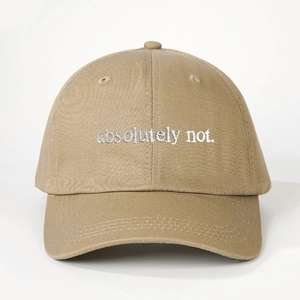 Adjustable khaki cotton baseball cap with white 'absolutely not.' embroidery detail