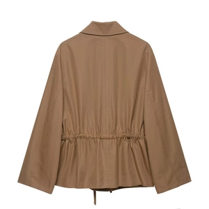 Back view of brown women's parka jacket with adjustable drawstring waist and long sleeves