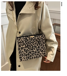 Detail of leopard print crossbody bag featuring gold chain strap and a vintage design