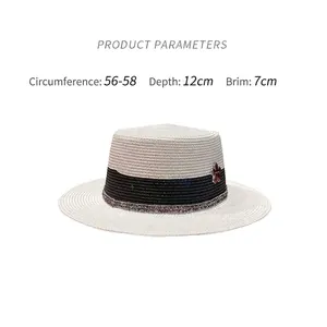 Cappello di paglia estivo da donna a cima piatta con decoro floreale, misura 56-58cm