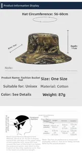 Detailed size chart for camouflage bucket hat showing 56-60cm circumference and 9cm brim