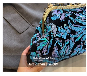 Macro detail of gradient blue sequins and crystal-encrusted gold frame of shell bag