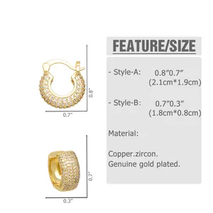 Size chart for U-shaped zircon earrings showing dimensions and gold plated copper material