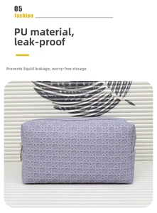 Detail of purple PU leather toiletry bag featuring woven texture and leak-proof lining