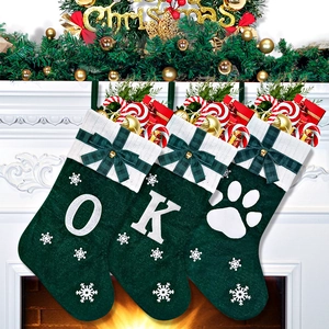 Christmas Stocking Large Velvet Knit Cuff Embroidered Letter Snowflake Plaid Bow Bell Holiday Hanging Gift Bag