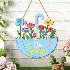 Wood Spring Hanging Door Sign Umbrella Rain Boot Floral Decor Hello Spring Farmhouse Wall Plaque For Home Porch