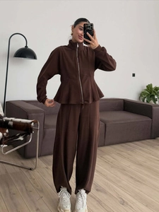 Women Cotton Sweatshirt Zip Up Hoodie With Peplum Hem And Wide Leg Pants Solid Color Casual Sporty Long Sleeve