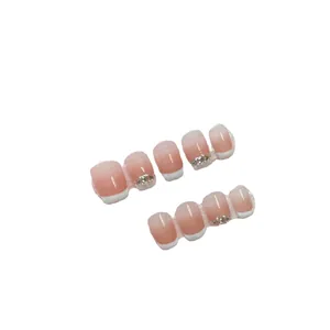 French gradient nude and white handmade press-on nails with rhinestones square-oval shape