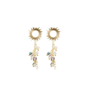 Elegant 18k gold plated freshwater pearl drop earrings with sunburst and crystal tassels