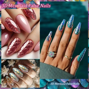 Faux ongles 3D sirène avec textures d'écailles, formes amande et ballerine de luxe