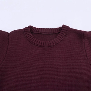 Women's crewneck knitted short top in deep burgundy, featuring ribbed collar details