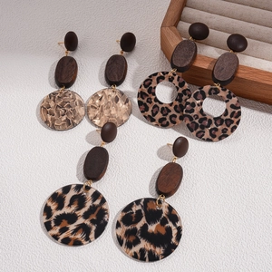 Vintage geometric wooden and leopard print acrylic earrings with silver posts for women