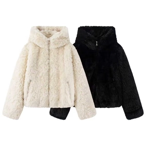 Women Faux Fur Jacket Hooded Plush Warm Short Winter Coat Casual Zipper Outerwear Fluffy Solid Color Shaggy Outwear